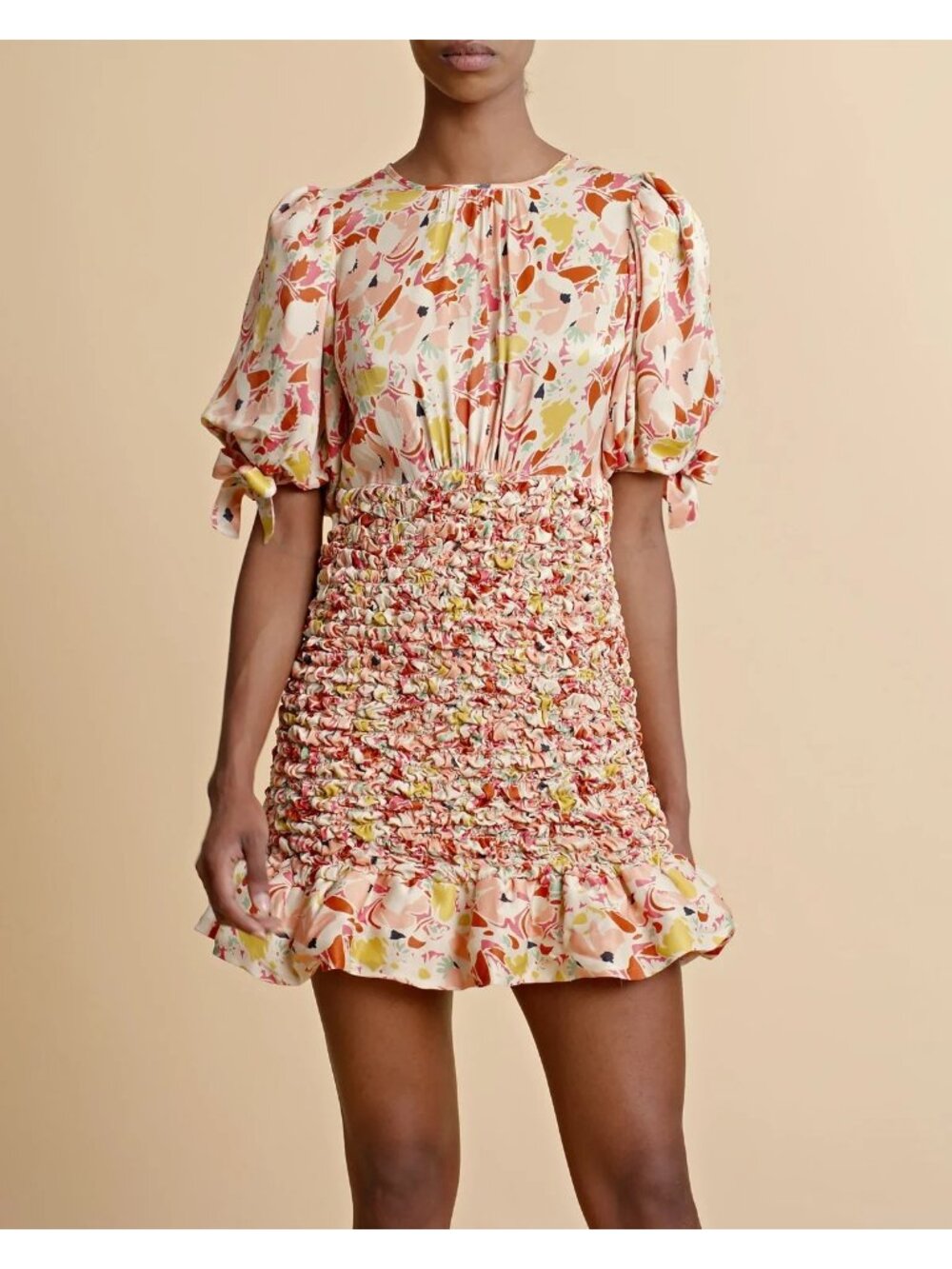 🆕 By TiMo Shirred Smocked Ruffle Crepe Satin Mini Dress Floral Medium - Picture 10 of 16